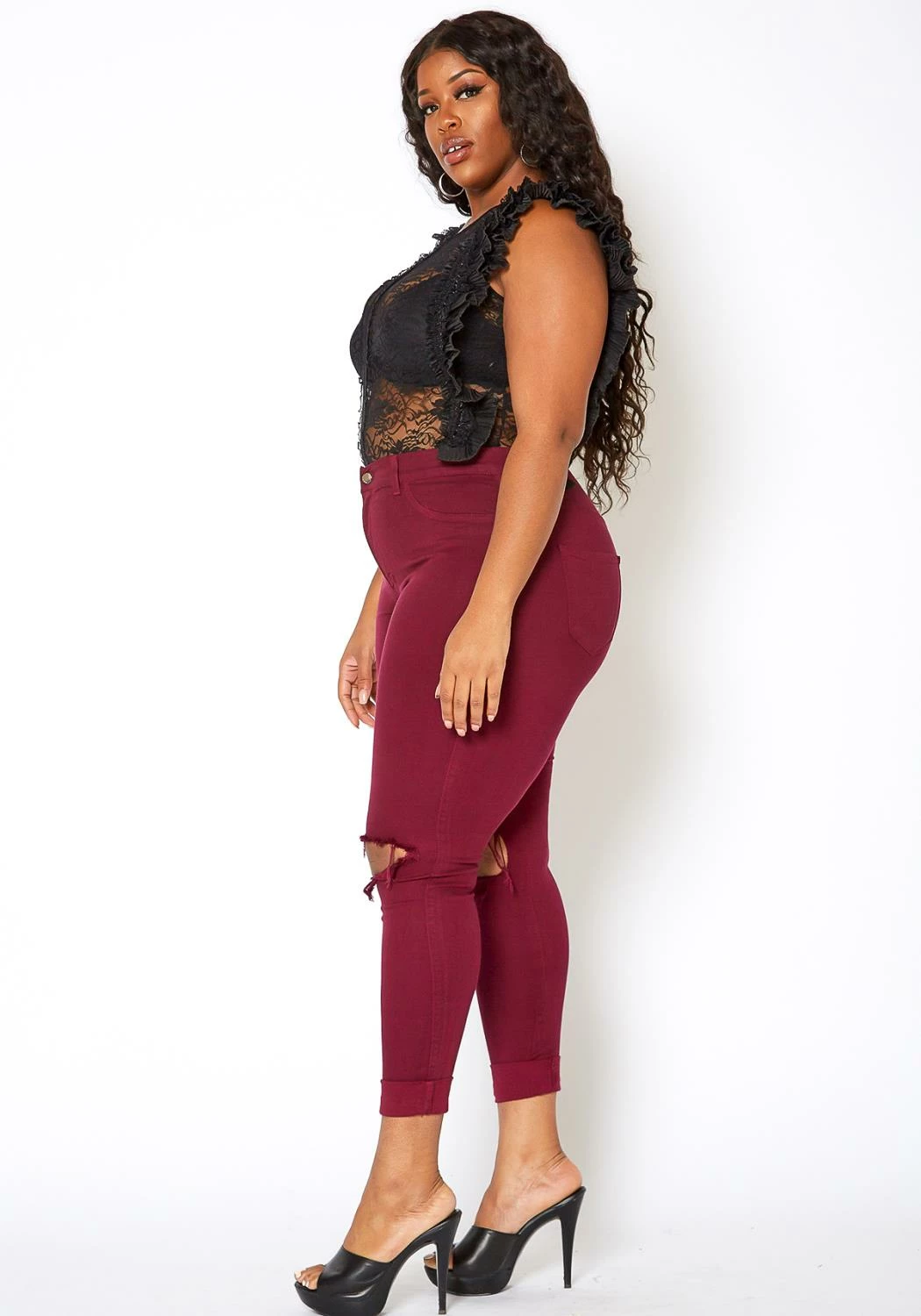 Vibrant Mid Rise Knee Distressed Plus Size Skinny Jean 3 Vibrant Mid Rise Knee Distressed Plus Size Skinny Jean - Image 3