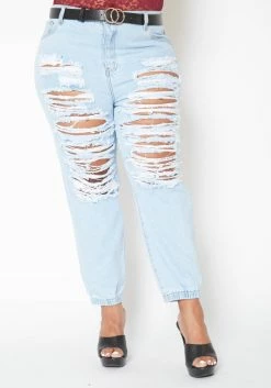 Vibrant Plus Size Light Wash Destroyed Boyfriend Jeans