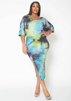 Asoph Plus Size Ocean Tie Dye Crop Top & Tank Midi Dress Set