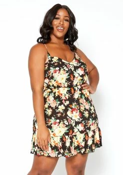 Asoph Plus Size Floral Print Crosslace Back Mini Dress