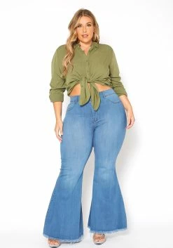 Vibrant Plus Size Classic Wash High Waist Bell Bottom Jeans