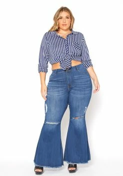Vibrant Plus Size Medium Denim Raw Hem Distressed Jean