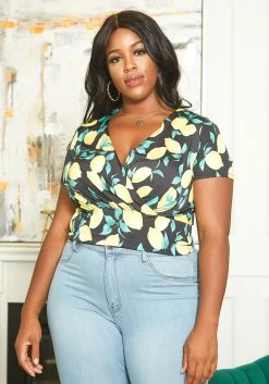 Asoph Plus Size Lemon Print V Neck Top