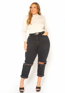 Vibrant Plus Size Ripped Knee High Rise Mom Jean