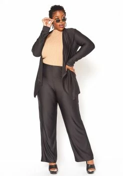 Asoph Plus Size Open Front Cardigan & Straight Pants Set