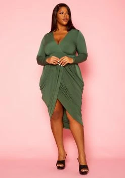 Plus Size Long Sleeve Draped Midi Dress -Asoph Sales Shop 2016842 001 3