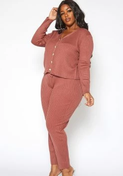 Asoph Plus Size Ribbed Knit Button Hem Long Sleeve Top -Asoph Sales Shop 2016861 186 0