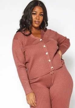 Asoph Plus Size Ribbed Knit Button Hem Long Sleeve Top