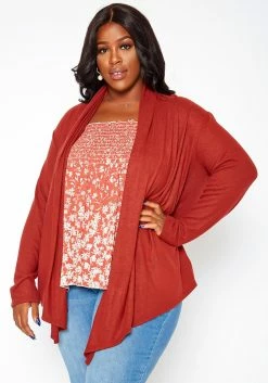 Asoph Plus Size Soft Knit Open Front Waterfall Drape Cardigan