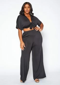Asoph Plus Size Tie Front Crop Top & Flare Pants Set