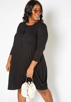 Asoph Plus Size Casual Long Sleeve Fit & Flare Mini Dress