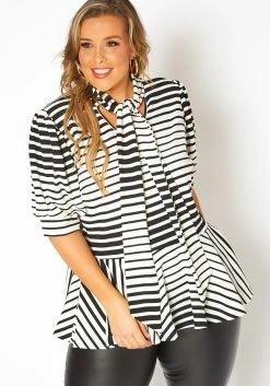 Asoph Plus Size Puff Shoulder Sleeve Striped Peplum Blouse