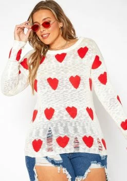 Asoph Plus Size Sweet Hearts Print Knit Sweater
