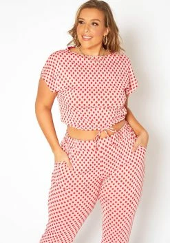 Asoph Plus Size Polka Dot Print Crop Top & Joggers Set