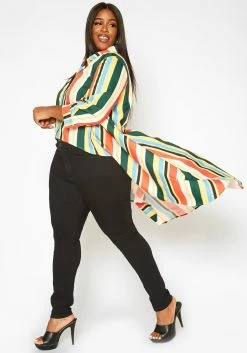 Asoph Plus Size Multi Color Striped High Low Collar Top