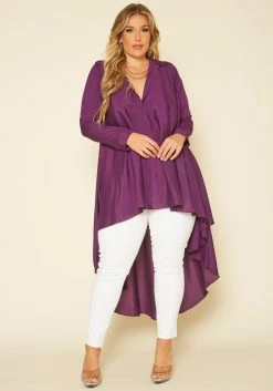 Plus Size Open Collar High To Low Chiffon Blouse