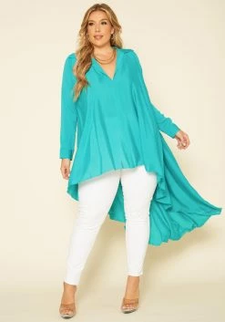 Plus Size Open Collar High To Low Chiffon Blouse