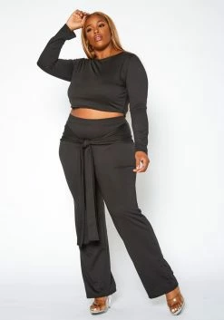 Asoph Plus Size Crop Sweater & Belted Flare Pants Set
