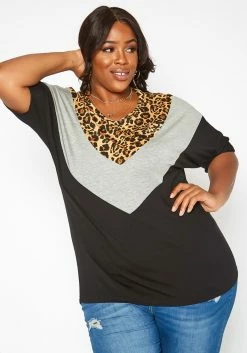 Asoph Plus Size Leopard Chevron Splice Tee Shirt