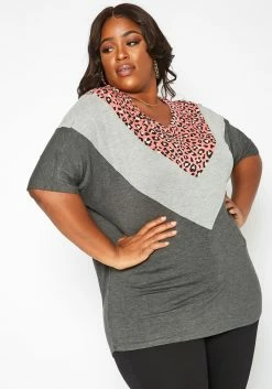 Asoph Plus Size Pink Leopard Chevron Splice Tee Shirt