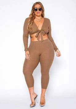 Asoph Plus Size Ribbed Knit Tie Front Crop Top & Legging Set