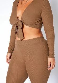 Asoph Plus Size Ribbed Knit Tie Front Crop Top & Legging Set -Asoph Sales Shop 2017468 190 4