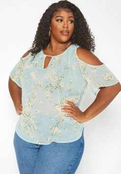 Asoph Plus Size Floral Print Cold Shoulder Top