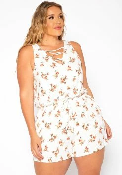 Asoph Plus Size Floral Print Sleeveless Romper