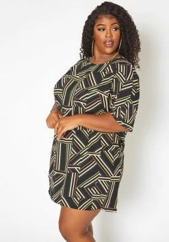 Asoph Plus Size Geometrical Striped Tee Shirt Mini Dress