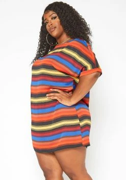 Asoph Plus Size Multi Color Striped Tee Shirt Mini Dress -Asoph Sales Shop 2017674 128 2