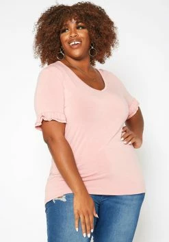 Asoph Plus Size Ruffle Trim V Neck Tee Shirt