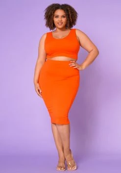 Asoph Plus Size Basic Tank Crop Top & Midi Skirt Set