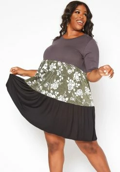 Asoph Plus Size Rose Floral Color Block Mini Dress