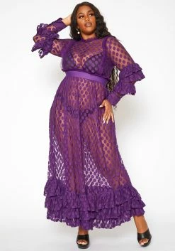 Asoph Plus Size Polka Dot Mesh Flare Maxi Dress