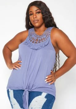 Asoph Plus Size Crochet Hem Tassel Front Tank Top