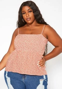 Asoph Plus Size Dainty Floral Print Smocked Cami Top