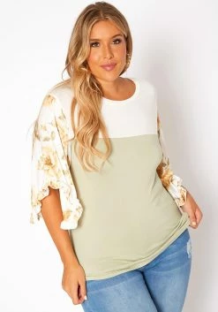 Asoph Plus Size Floral Sleeve Color Block Shirt