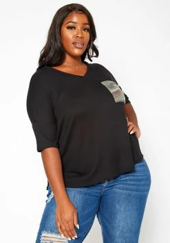 Asoph Plus Size Camo Pocket Hem T Shirt