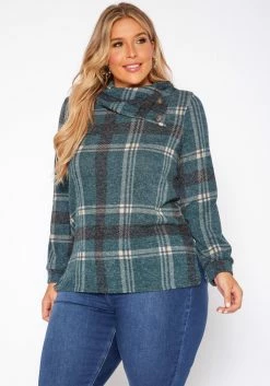 Plus Size Plaid Print Asymmetric Neck Sweater