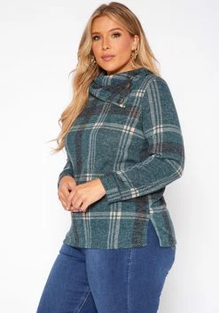 Plus Size Plaid Print Asymmetric Neck Sweater -Asoph Sales Shop 2018299 103 2