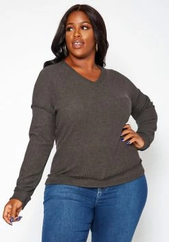Plus Size Waffle Knit V Neck Top