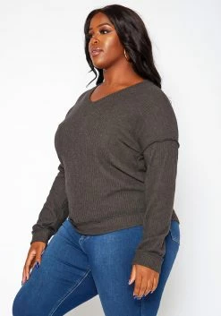 Plus Size Waffle Knit V Neck Top -Asoph Sales Shop 2018410 108 2