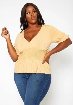 Asoph Plus Size Smocked V Neck Top