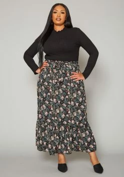 Plus Size Floral Pattern Flare Maxi Skirt