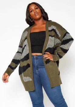 Asoph Plus Size Camo Print Knit Cardigan