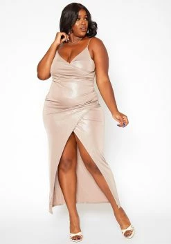 Asoph Plus Size Champagne Shimmer Split Hem Maxi Dress