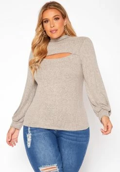 Plus Size Keyhole Front Mock Neck Knit Top