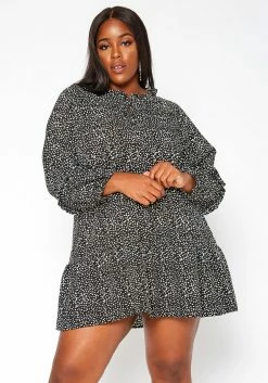 Asoph Plus Size Dotted Print Flare Mini Dress