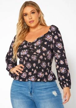 Asoph Plus Size Floral Print Smocked V Neck Top