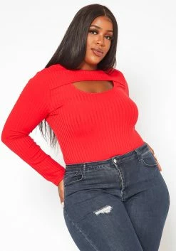 Plus Size Ribbed Knit Long Sleeve Top